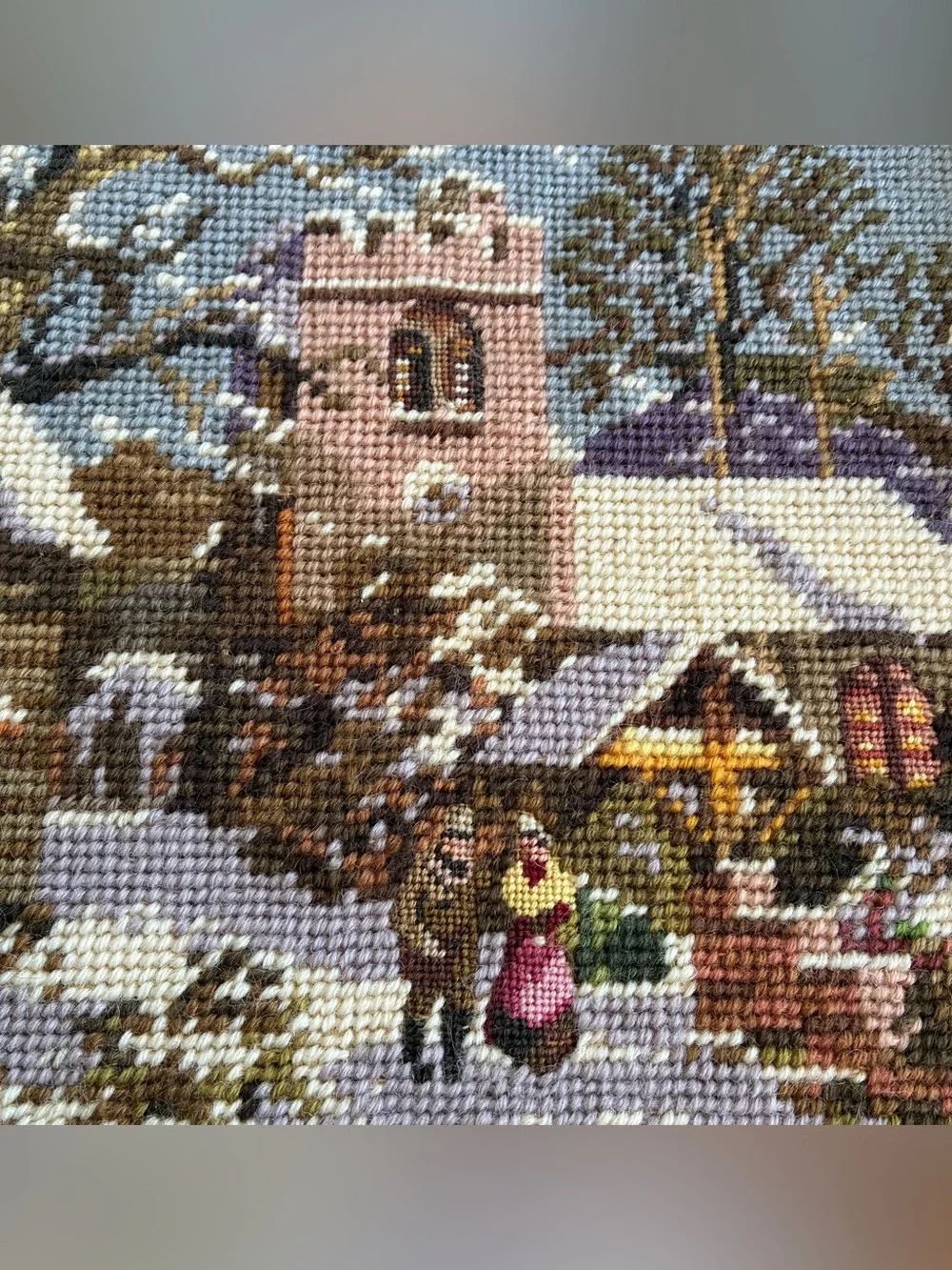 Vtg Handcrafted Needlepoint Tapestry Scenic Snow Village Renaissance Gold Frame